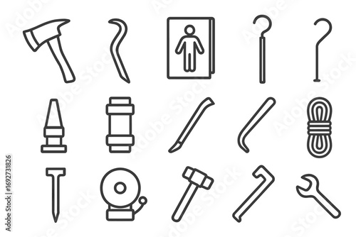 Firefighting Tool Icons. Line style icons of firefighting tools: axe, crowbar, fire blanket, fire hook; nozzle, hose connector,