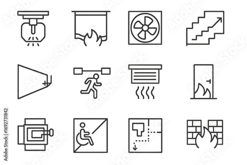 Building Fire Protection Icons. Line style icons of building fire protection: sprinkler head, fire curtain, fireproof glass, stair