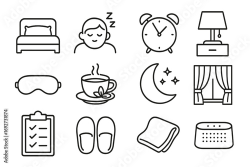 Quality Sleep Icons. Line style icons of quality sleep: bed with pillow, person sleeping, alarm clock, nightstand lamp; sleep mask