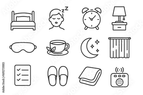 Quality Sleep Icons. Line style icons of quality sleep: bed with pillow, person sleeping, alarm clock, nightstand lamp; sleep mask