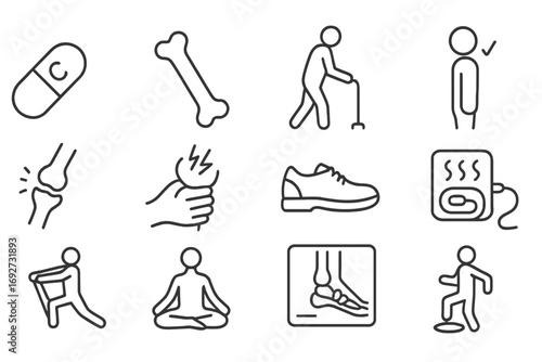 Joint and Bone Care Icons. Line style icons of joint and bone care: calcium pill, bone icon, walking support, posture check;