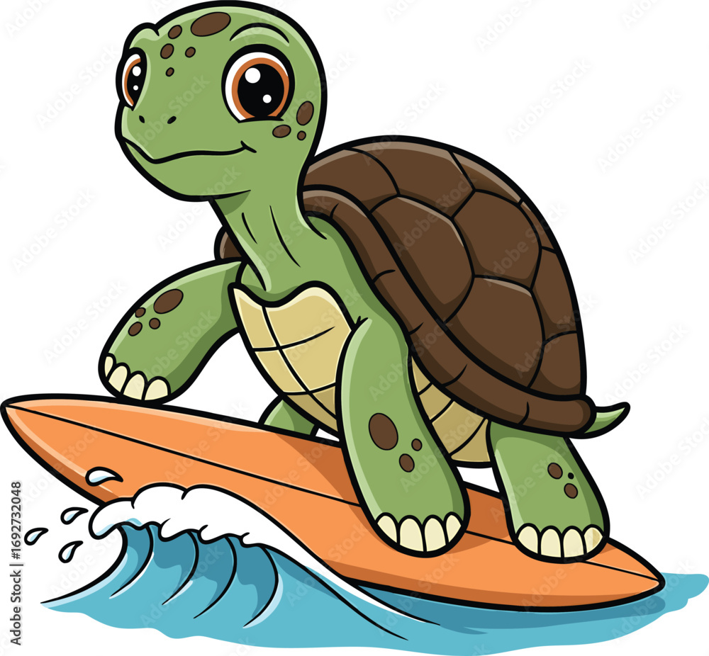 Obraz premium Cartoon surfing turtle riding the wave with a smiling expression on a white background
