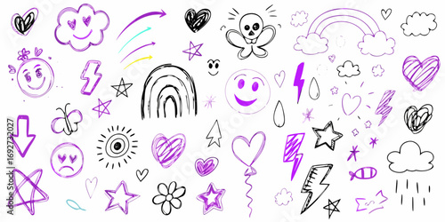 Collection of hand drawn doodle icons and symbols in purple and black on a white background