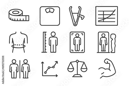 Body Measurement Icons. Line style icons of body measurements: tape measure, weight scale, body fat caliper, BMI chart; waist