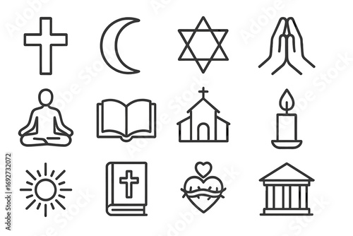 Religious Symbol Icons. Line style icons of religious symbols: cross, crescent moon, star of David, prayer hands; meditation pose,