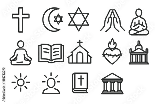 Religious Symbol Icons. Line style icons of religious symbols: cross, crescent moon, star of David, prayer hands; meditation pose,