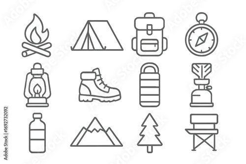 Camping Essentials Icons. Line style icons of camping and outdoors: campfire, tent, backpack, compass; lantern, hiking boots,