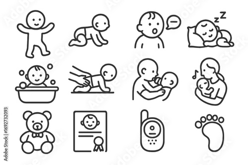 Baby Line Icon Moments. Line style icons of new baby moments: first steps, crawling baby, baby's first word, baby sleeping; baby