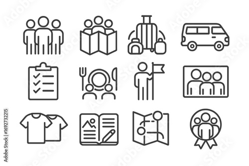 Group Travel Icons. Line style icons of group travel: group of travelers, shared map, luggage circle, van; travel checklist,