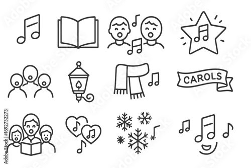 Christmas Carol Icons. Line style icons of Christmas caroling: music note, open songbook, singing faces, musical star; harmonizing