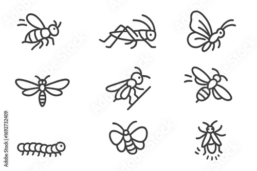 Insect Icons in Motion. Line style icons of insects in motion: flying bee, crawling ant, jumping cricket, fluttering butterfly;