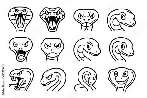 Striking Snake Icons. Line style icons of striking snake faces: open mouth cobra, wide fang viper, tongue-flick python, side