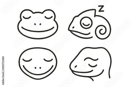 Sleeping Reptile Icons. Line style icons of sleeping animal faces: frog with closed eyes, snoring chameleon, resting gecko, soft
