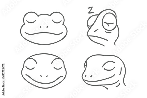 Sleeping Reptile Icons. Line style icons of sleeping animal faces: frog with closed eyes, snoring chameleon, resting gecko, soft