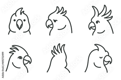 Cockatoo Line Style Icons. Line style icons of cockatoo face angles: front face with dot eye, left angle profile, cockatoo looking