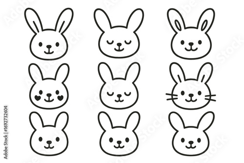 Cute Bunny Faces. Line style icons of cute bunny faces: rabbit with long ears, bunny with closed eyes, happy rabbit, bunny with