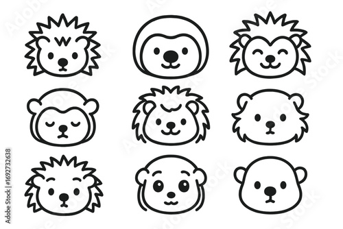 Cute Hedgehog Faces. Line style icons of cute hedgehog faces: hedgehog with spikes, round nose hedgehog, happy hedgehog, baby