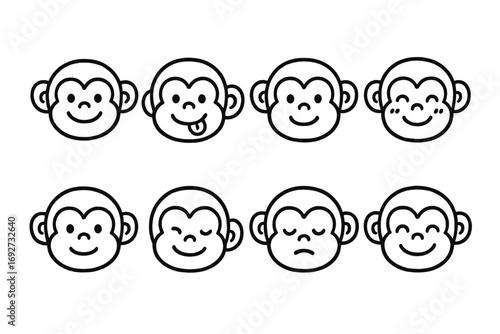Line Style Monkey Faces. Line style icons of cute monkey faces: smiling monkey, cheeky monkey, monkey with ears out, blushing