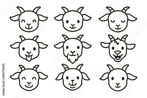 Cute Goat Face Icons. Line style icons of cute goat faces: happy goat, baby goat, sleepy goat, goat with small horns; goat with