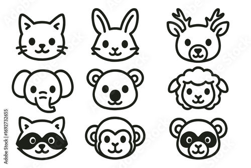 Animal Face Mashups. Line style icons of cute animal face mashups: cat-dog hybrid, fox-bunny face, bear-lion mashup, pig-deer