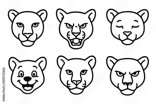 Panther and Puma Icons. Line style icons of panther and puma faces: panther with calm eyes, fierce puma, baby panther, sleepy puma