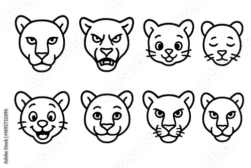 Panther and Puma Icons. Line style icons of panther and puma faces: panther with calm eyes, fierce puma, baby panther, sleepy puma
