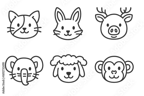 Animal Face Mashups. Line style icons of cute animal face mashups: cat-dog hybrid, fox-bunny face, bear-lion mashup, pig-deer