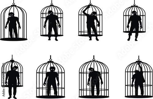 Silhouettes of men trapped in hanging bird cages, various poses and gestures, human confinement concept, symbolic imprisonment, isolated on white background