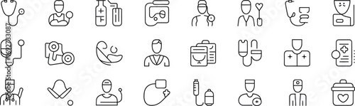 Medical and healthcare line icons, doctor tools, hospital equipment, patient care, stethoscope, IV, health app, modern thin stroke vector set