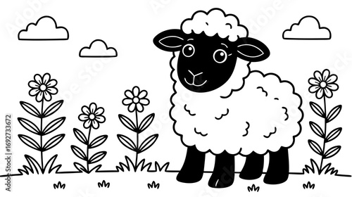 Black and white sheep standing among flowers in a farm setting - Concept of coloring page for kids  