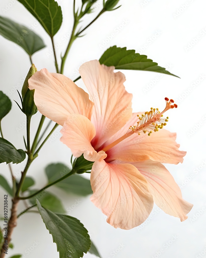Fototapeta premium Soft peach hibiscus flower blooming gently with green leaves and buds