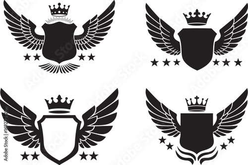 Four black winged shields with crowns and stars silhouette