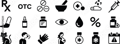 Medical and pharmacy icons set, healthcare vector symbols, prescription, OTC, allergy, syringe, medication, drug, illness and treatment graphics