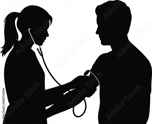 Silhouette of a Female Doctor Examining a Male Patient with a Stethoscope Medical Consultation Healthcare Professional Heartbeat Diagnosis and Treatment