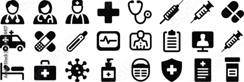 Medical healthcare icons including doctors, nurses, ambulance, pills, syringe, thermometer, heart monitor, patient bed, virus, medical kit, shield, and prescription