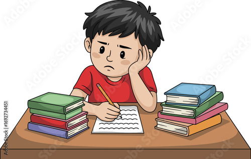 Cartoon child studying at desk, thoughtful student expression, homework scene, pencil writing, book stacks, academic pressure, learning moment, school illustration, education concept