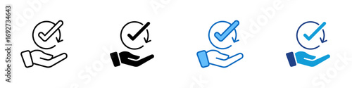 Service Guarantee Multiple Style Icon Design Vector - Hand offering a circular checkmark symbol, representing quality assurance or service commitment