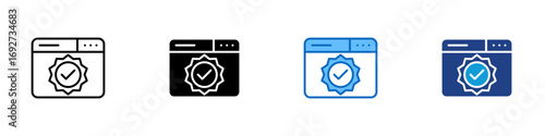 Certified Website Multiple Style Icon Design Vector - Browser window with a certified badge and checkmark, indicating verified or secure online platform
