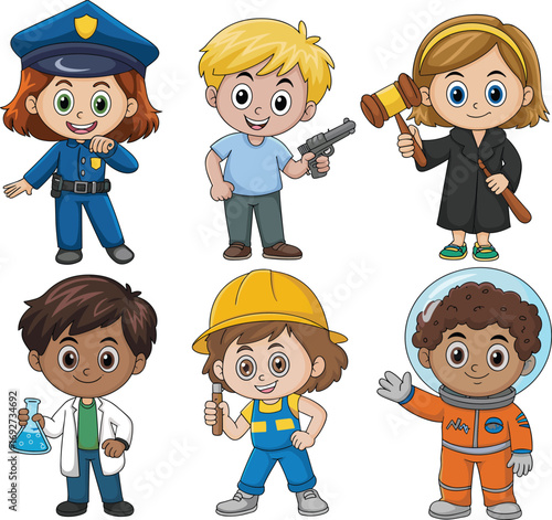 Cartoon children in career costumes, professional roleplay set, police, scientist, astronaut, judge, construction worker, detective outfits, educational character illustration, future jobs theme