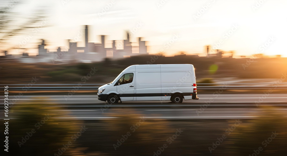Obraz premium White delivery van driving on highway at sunset with city backdrop