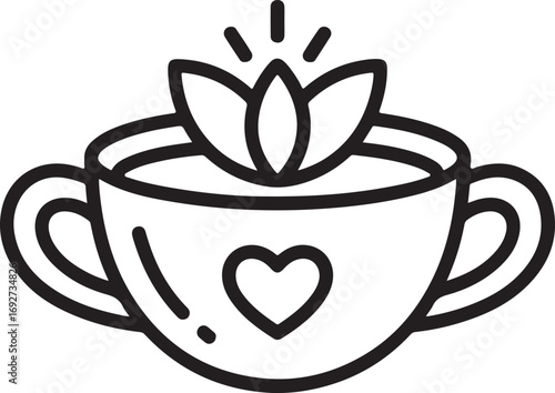 Delicate Tea Cup with Heart and Lotus Blossom Outline Icon for Relaxation and Wellness Concepts