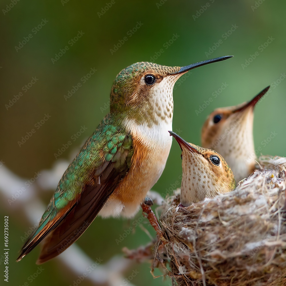 Obraz premium Macro close up of hummingbird nest thin branch chicks reaching upward for food iridescent parent bird captured in motion