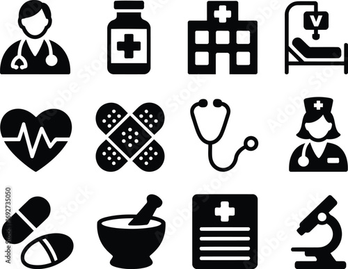 Healthcare and Medical Icon Collection a Diverse Set of Symbols Representing Doctors Hospitals Medicine and Scientific Research a Comprehensive Visual Guide