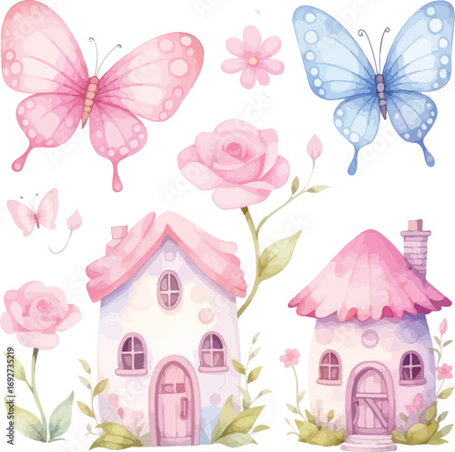 Whimsical watercolor butterflies and fairy houses adorned with roses white background