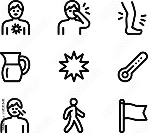 Diverse Medical Symptom Icon Set Representing Illnesses Ailments and General Health Concerns with Body Parts and Medical Equipments Displayed in Black and White