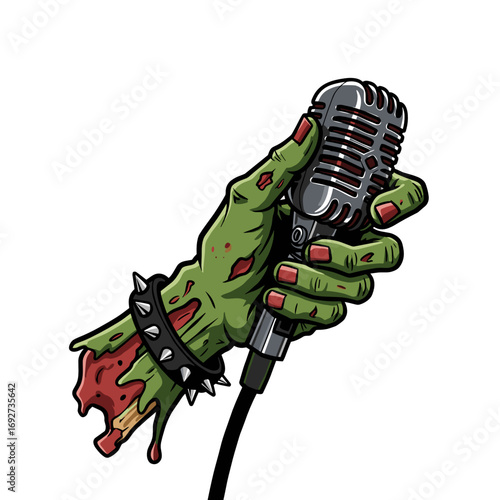 Stylized zombie hand holding a microphone with studded bracelet 