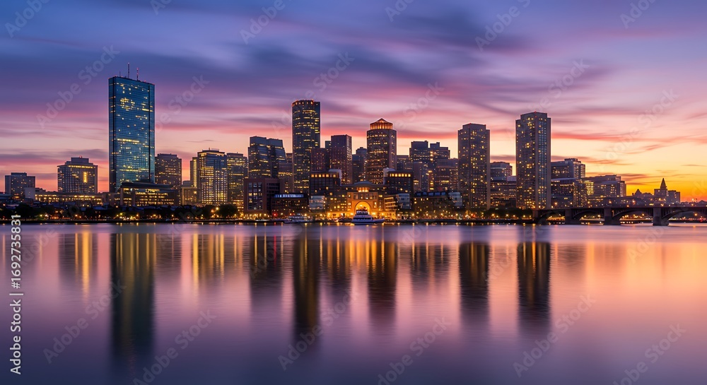 Naklejka premium City skyline sunset reflection