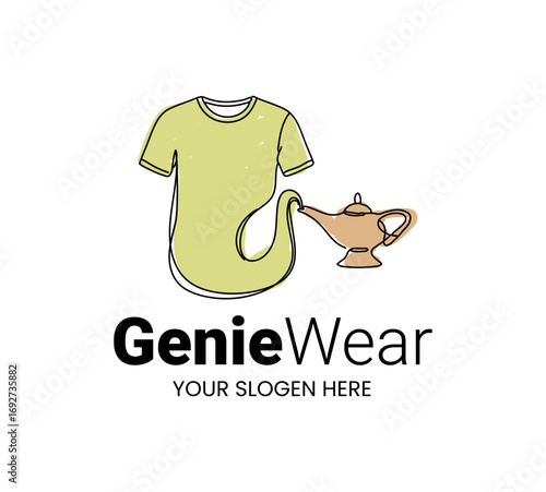 GenieWear Logo: A whimsical logo concept featuring a tee shirt and a magical lamp, suggesting the mystical connection between style and wish fulfillment.