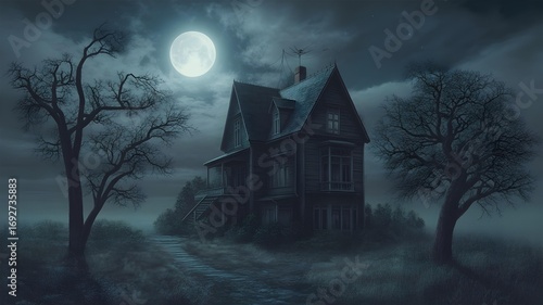 Spooky Old House Under a Full Moon at Night