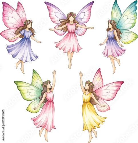 Whimsical fluttering fairies collection delicate magical creatures with colorful wings white background